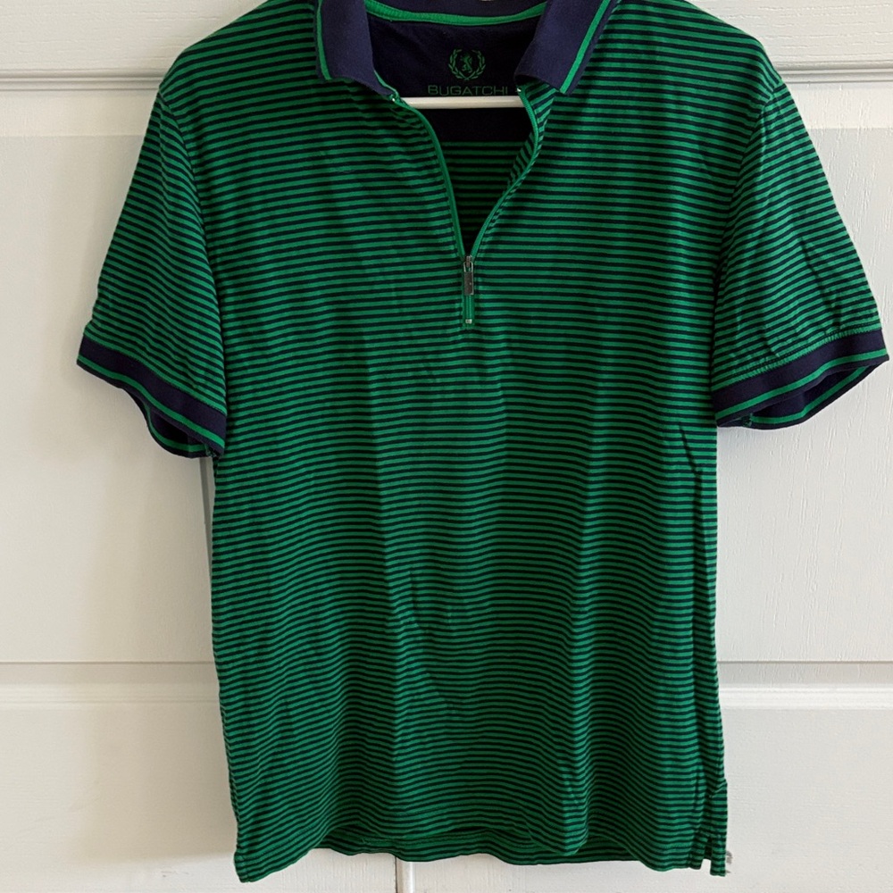 Bugatchi Green and Navy Striped Polo Shirt